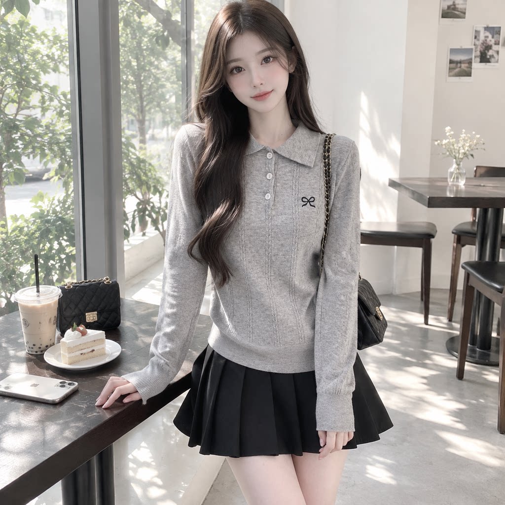 早秋轻甜翻领麻花刺绣长袖针织衫