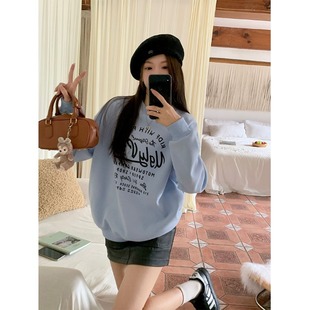 宽松慵懒风oversize上衣 简约复古印花加绒加厚圆领卫衣女秋冬新款