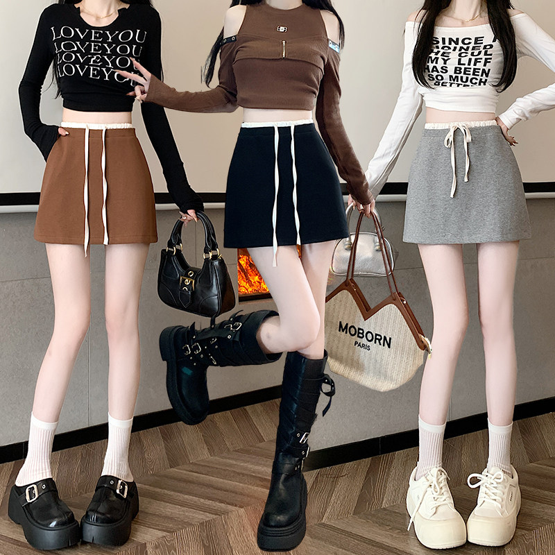 撞色休闲半身裙女春秋2026新款抽绳A字小个子高腰显瘦防走光短裙