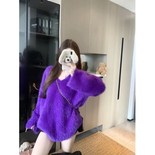 紫色法式洋气秋冬V领宽松慵懒毛衣加厚外套女上衣新款针织衫爆款