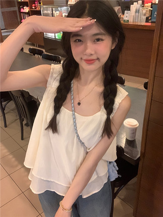 法式夏季超仙甜美高级感方领别致短款无袖吊带背心女娃娃衫上衣潮
