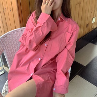 树莓色衬衫女玫粉色上衣衬衣长袖梅子色韩版梅子色中长款外套气质