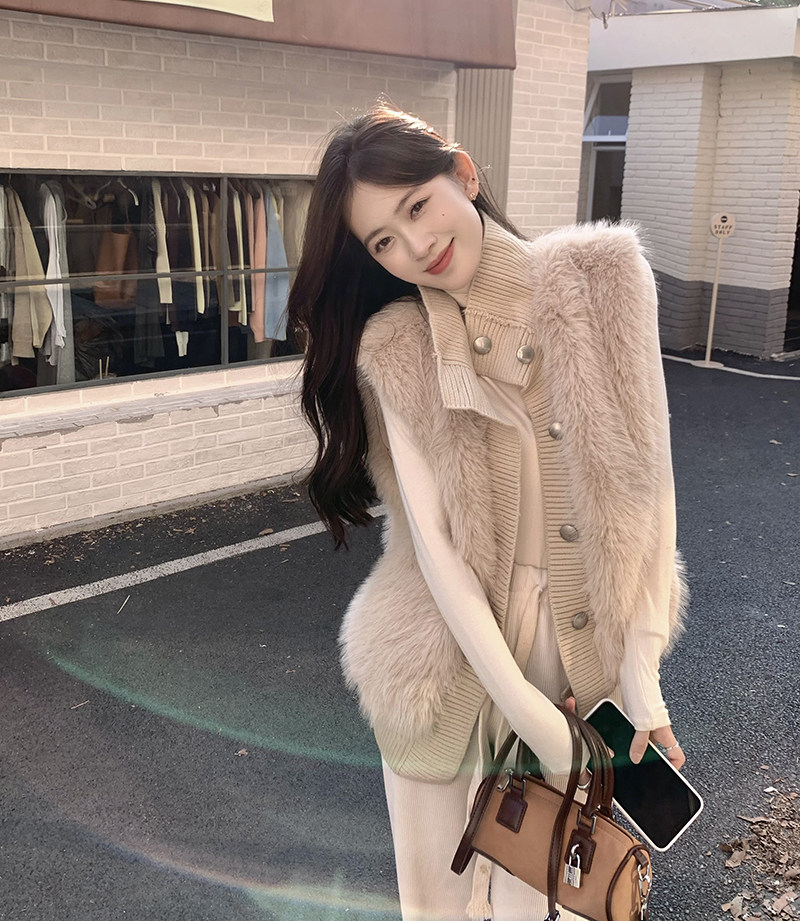 立领针织拼接马甲女背心