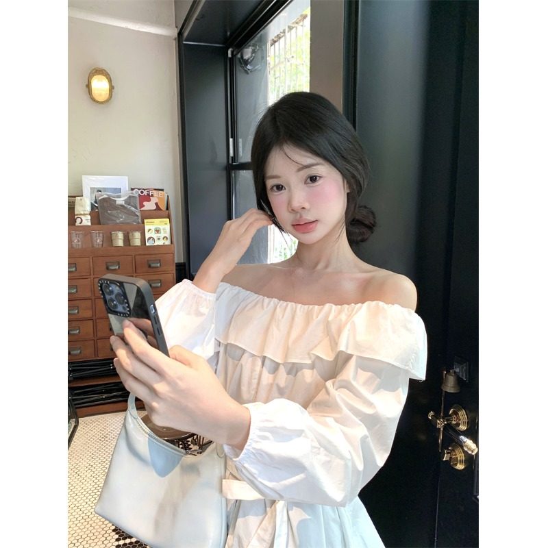 温柔风荷叶边一字肩衬衫女秋季新款白色长袖衬衣系带收腰开衩上衣