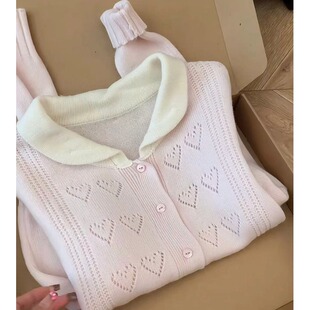 粉色爱心勾花毛衣女2025秋新款韩版宽松甜美温柔风针织衫上衣外套