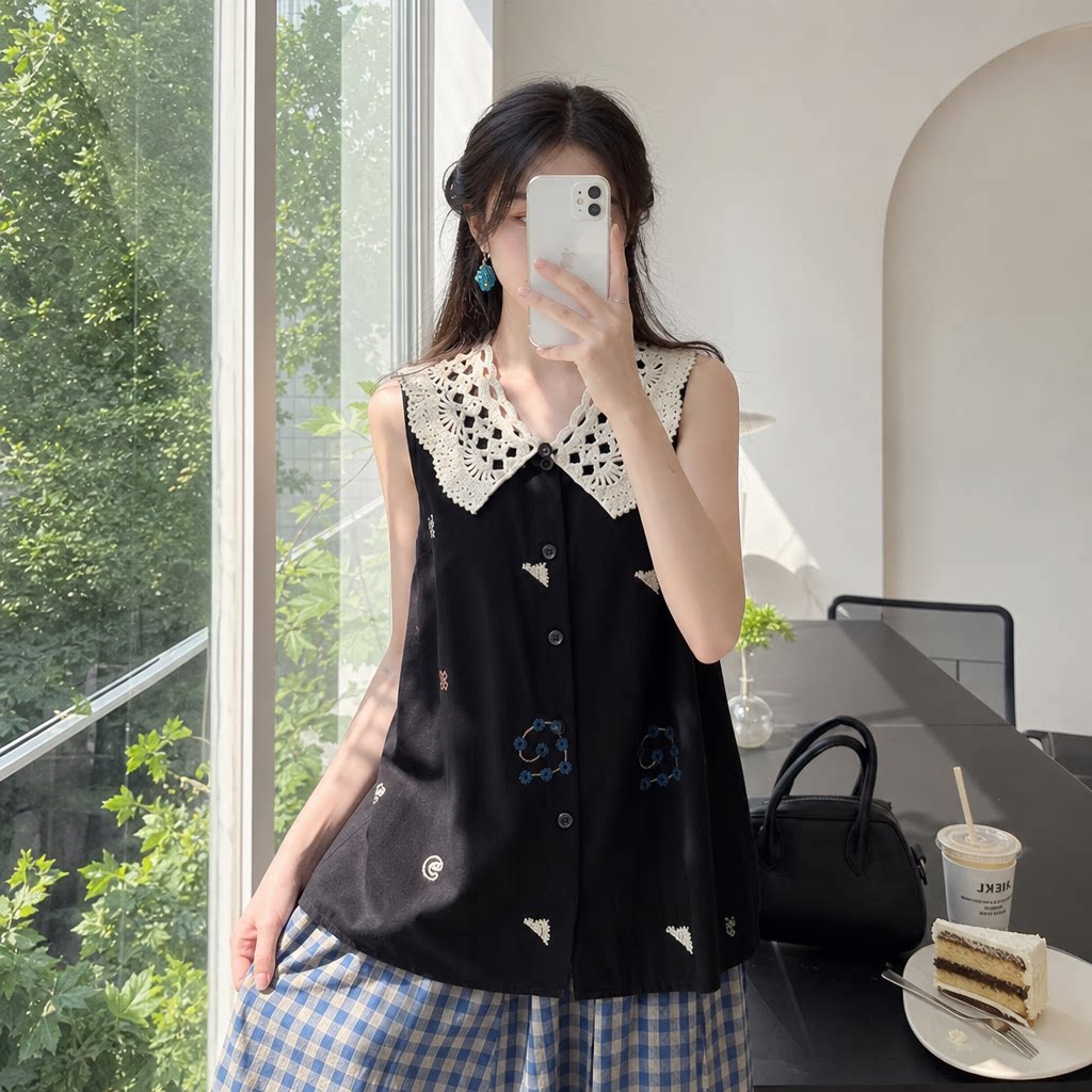 黑色无袖娃娃领刺绣衬衫女夏季