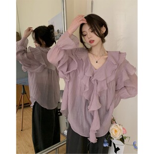 紫色仙气雪纺v领衬衫女夏季甜美设计感小众荷叶边长袖衬衣上衣