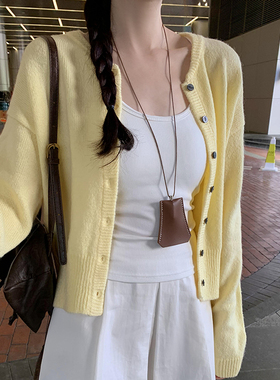 黄色短款针织开衫女春秋外穿奶fufu的软糯毛衣慵懒风宽松显瘦上衣