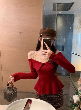 红色翻领亮片拼接长袖T恤女秋冬新年圣诞氛围气质露肩内搭上衣