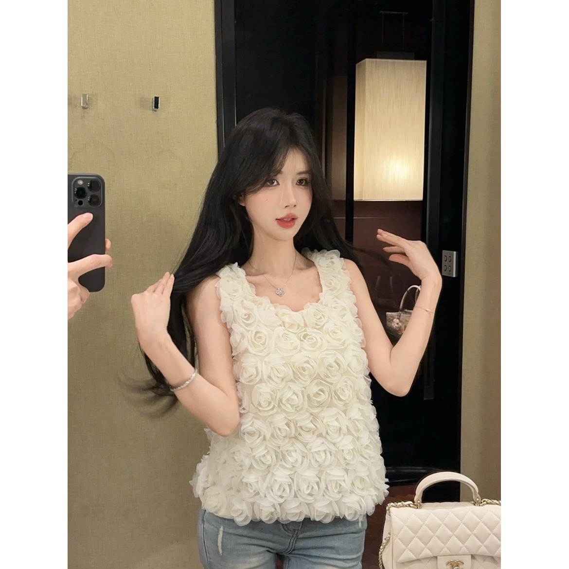 小香风立体花朵吊带背心女外穿夏纯欲辣妹抹胸无袖小上衣泰式绝美