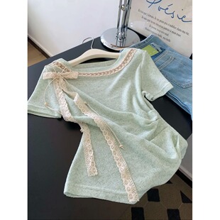 薄荷曼波绿色短袖T恤女2025夏季新款设计感小众掐腰显瘦减龄上衣