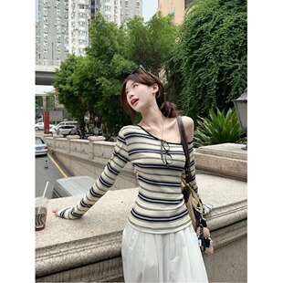 撞色条纹长袖T恤女2025秋季新款气质百搭斜肩学生修身显瘦上衣潮