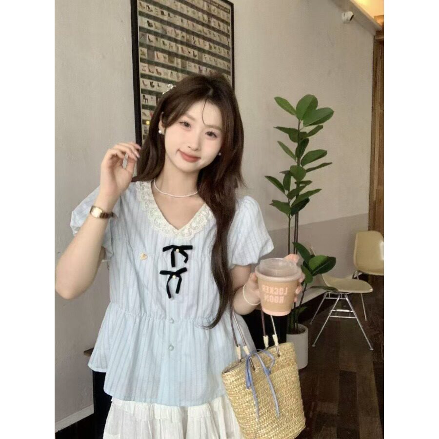 法式甜美蕾丝蝴蝶结泡泡袖衬衫