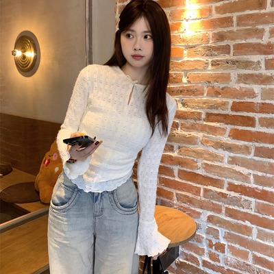 韩系蕾丝镂空打底衫女