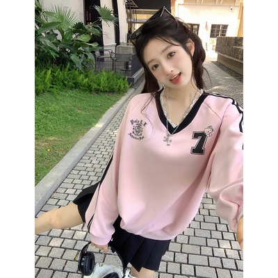 蕾丝V领印花撞色长袖卫衣女早秋新款甜美风设计感宽松别致上衣ins