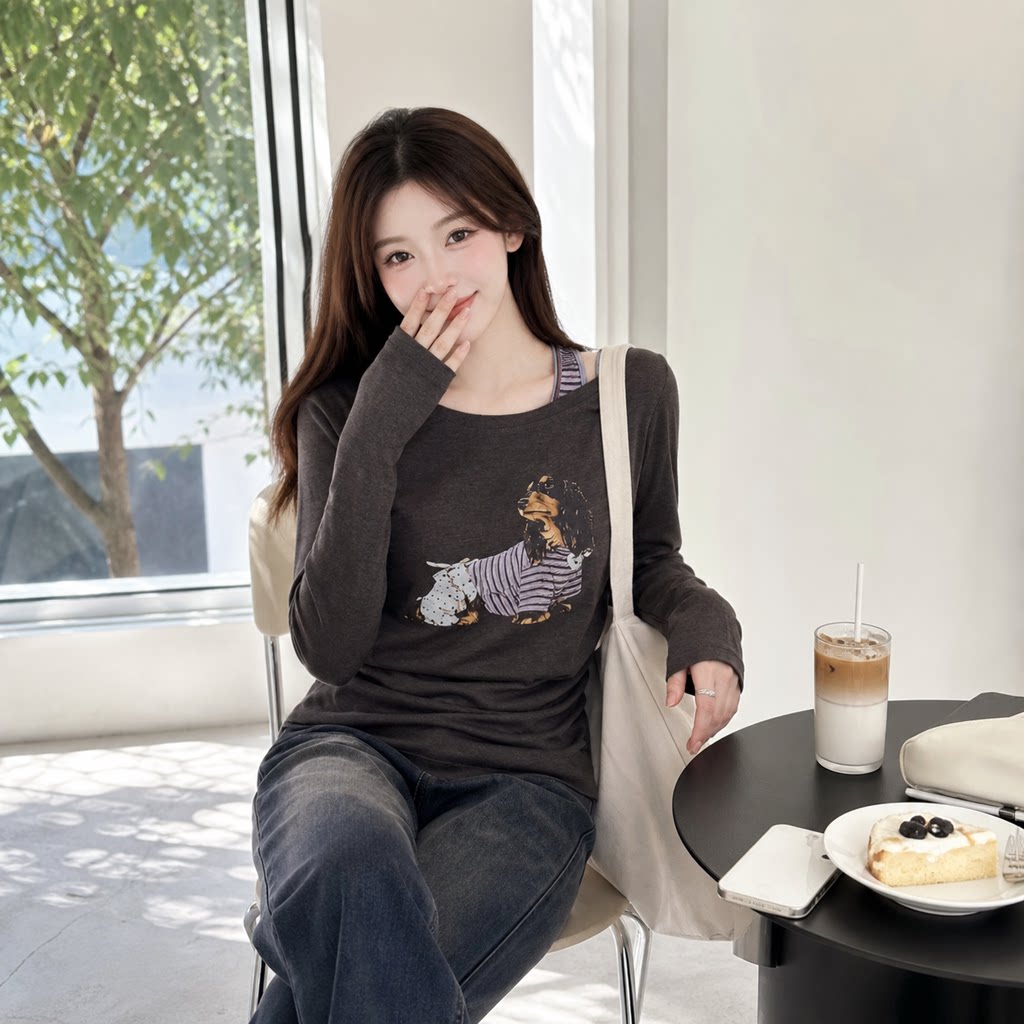 早秋斜领露肩长袖印花T恤女