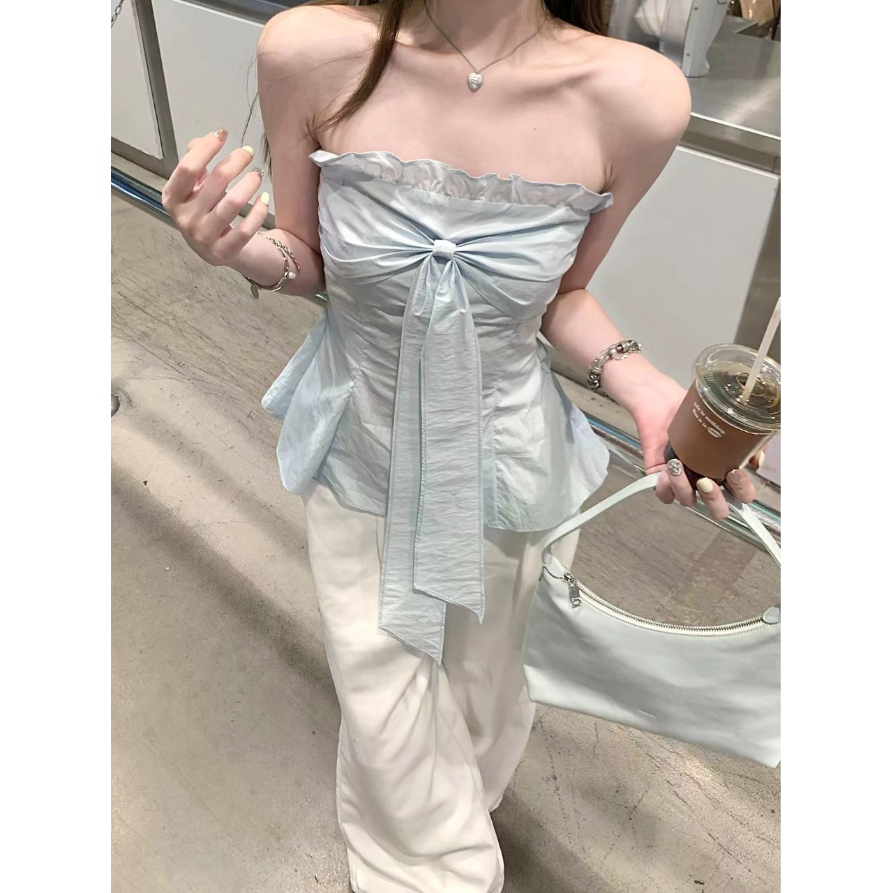 套装女2025夏季新款纯欲风辣妹无袖抹胸上衣高腰显瘦阔腿裤两件套
