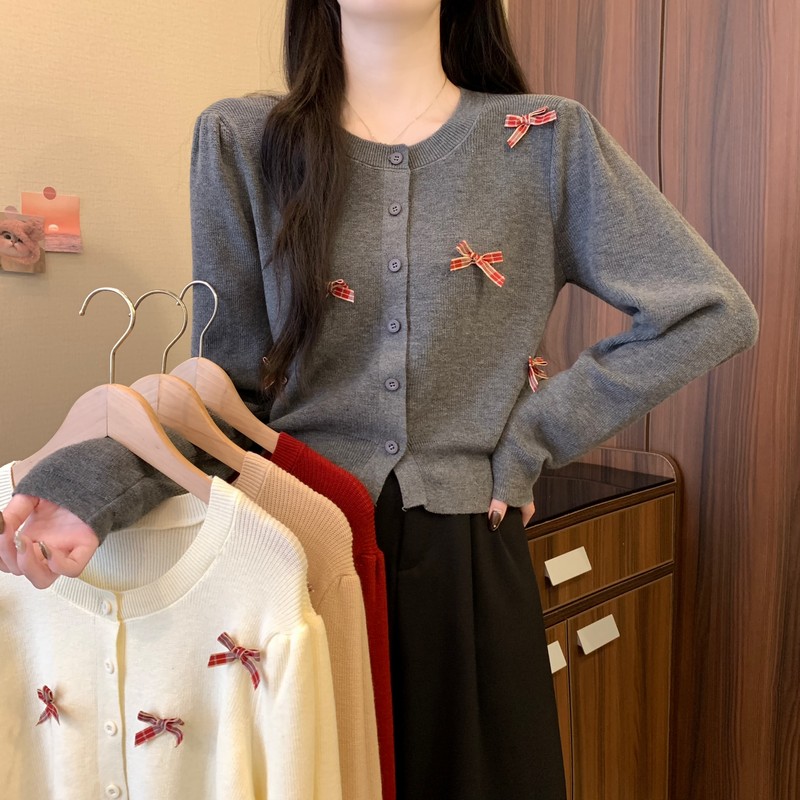 法式chic小众立体蝴蝶结针织开衫女秋冬新款修身弹力打底毛衣外套