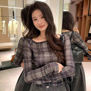 辣妹方领性感网纱小衫女夏长袖冰丝凉感格子雪纺t恤外搭防晒上衣