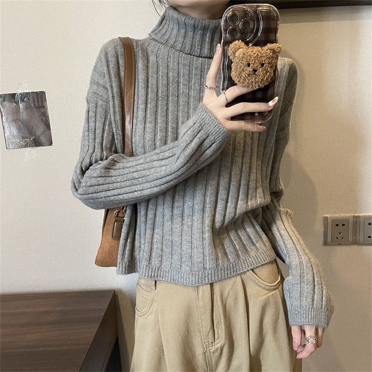 半高领内搭打底毛衣女秋冬新款坑条设计感宽松加厚短款针织衫上衣