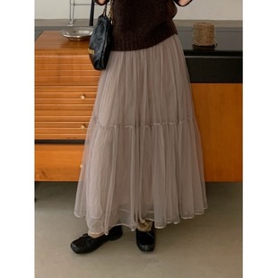 温柔风显瘦超重工压褶网纱半身裙超仙中长裙蕾丝拼接纯欲上衣套装