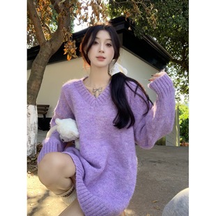 慵懒风芋泥紫色毛衣女秋冬季2025新款韩系v领套头上衣加厚针织衫
