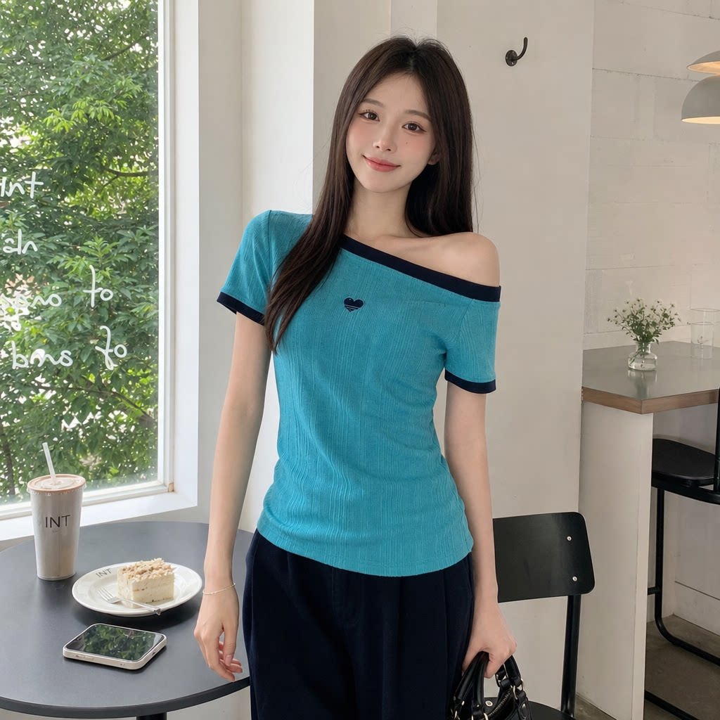 斜肩刺绣爱心短袖T恤女显瘦