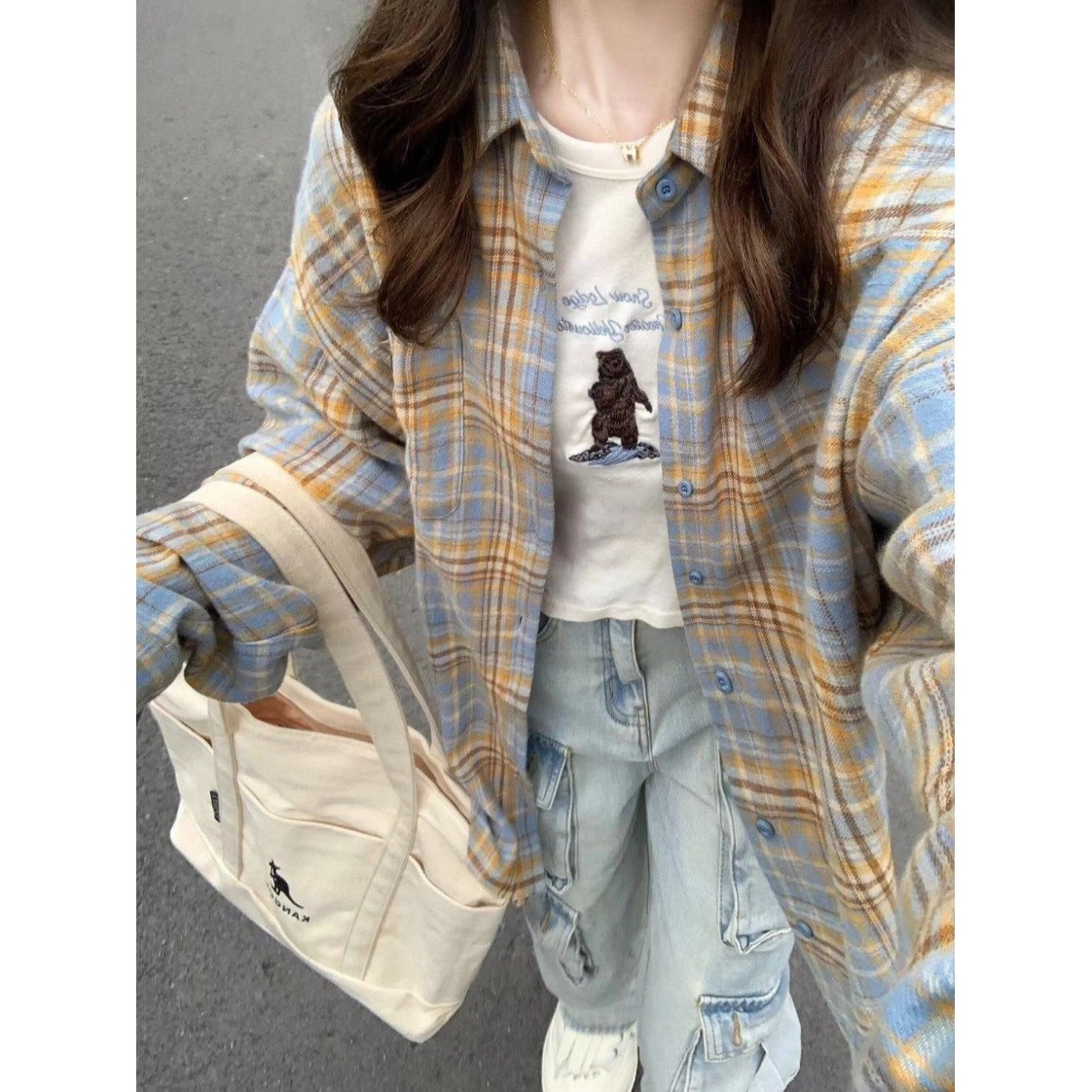 美式复古格子长袖中长款衬衫