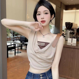 背心抹胸兩件套女小眾別致修身 設計感上衣 蕩領短款 高級感復古美式