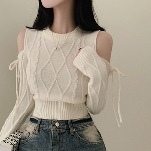 毛衣女春秋季韩系纯欲露肩麻花针织衫设计感小众高腰长袖短款上衣