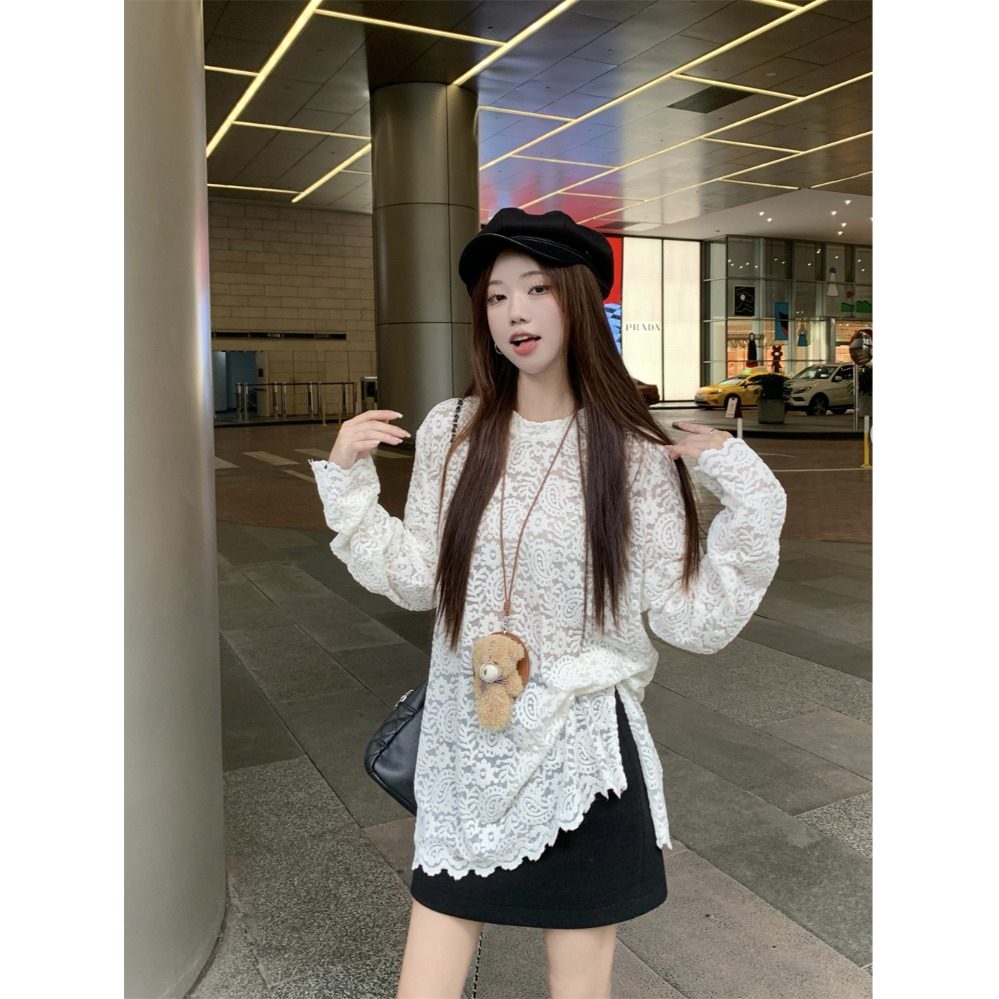 韩版丝绒网纱蕾丝提花慵懒风大版下摆开叉2026春秋新款打底T恤女