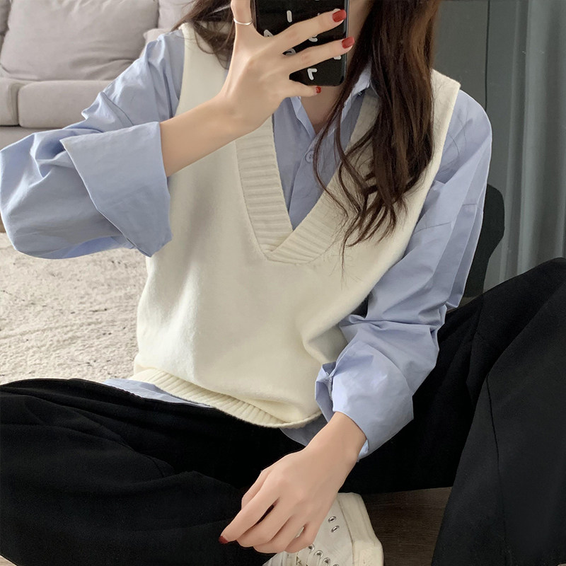 软糯复古针织衫马甲女坎肩叠穿宽松韩版V领纯色慵懒风背心上衣潮