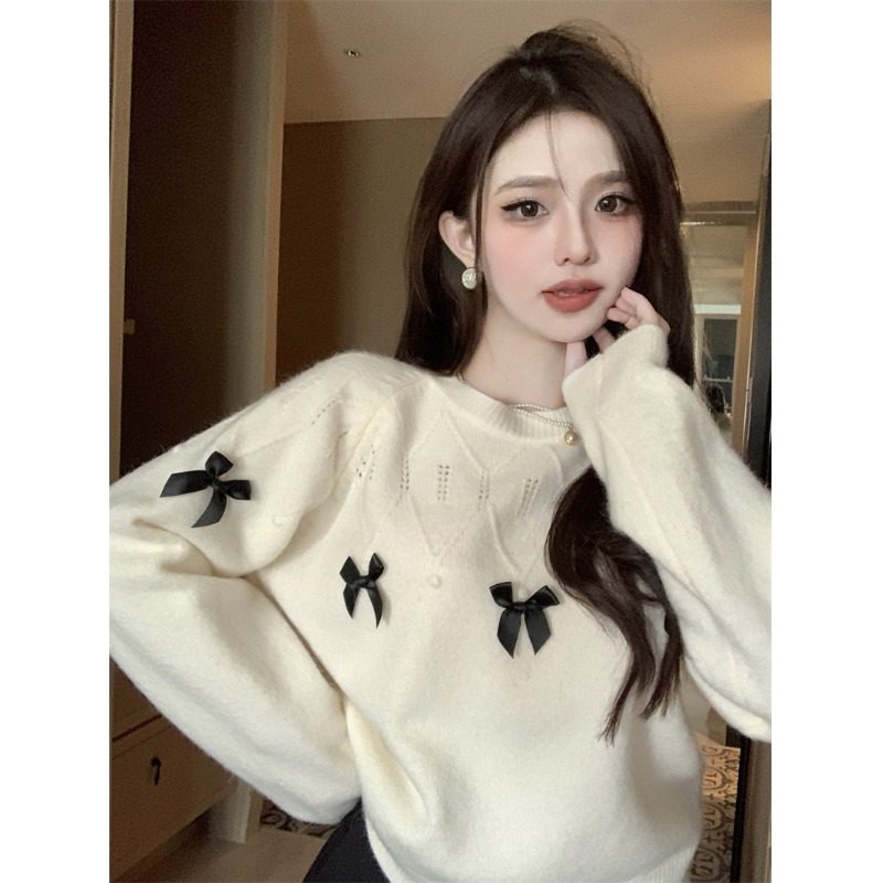法式小香风蝴蝶结毛衣女秋高级感别致小个子针织打底衫内搭上衣