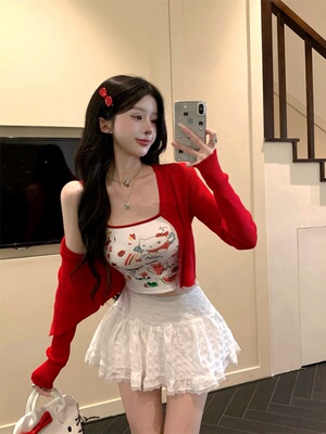 套装女2026春夏新款纯欲风针织开衫外套印花吊带蕾丝半身裙三件套