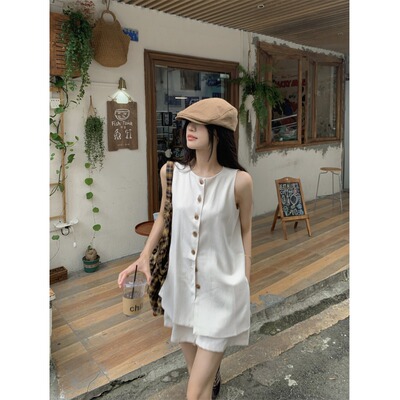 松弛老钱风套装单排扣气质无袖马甲背心女夏季杏色阔腿短裤两件套