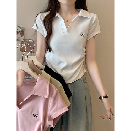白色POLO领纯棉修身短袖T恤女