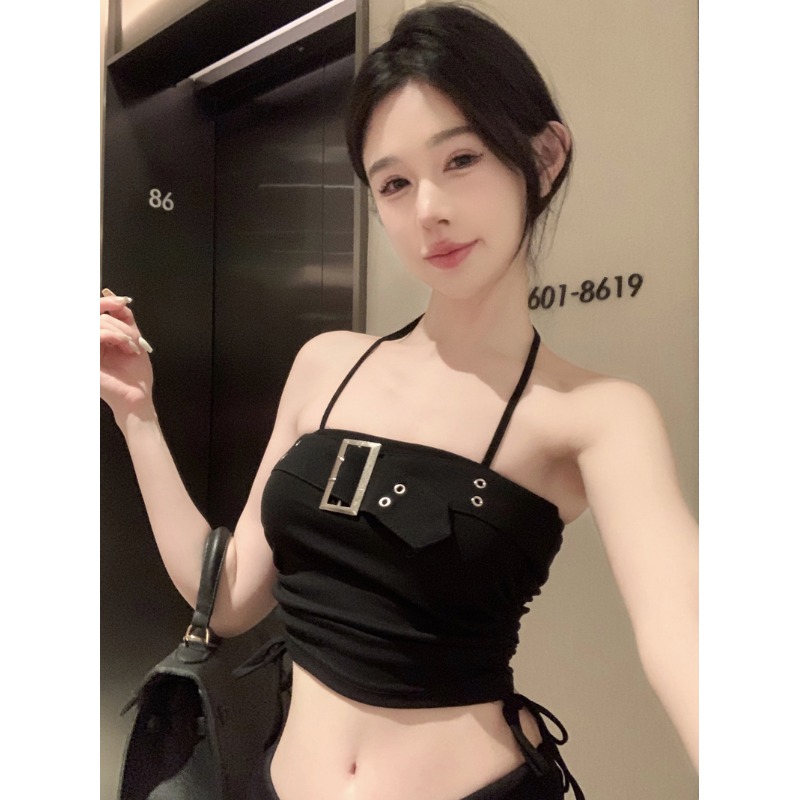 挂脖内搭外穿美背无袖吊带小背心女夏天露背性感辣妹黑色短款上衣