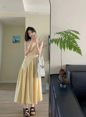 小个子法式气质黄色无袖连衣裙女装夏季新款甜美风轻奢高级感长裙
