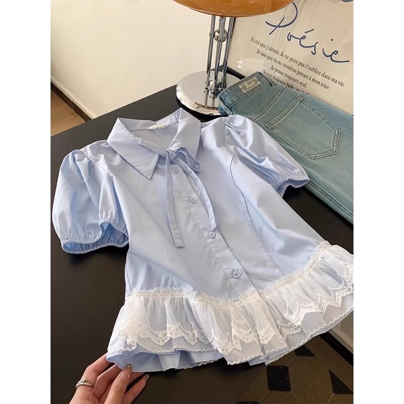 法式气质蓝色蕾丝下摆短袖衬衫女夏高级感轻奢减龄洋气设计感上衣