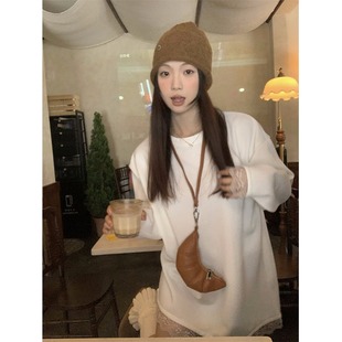 蕾丝拼接白色长袖t恤女秋冬内搭加绒打底衫小个子宽松中长款上衣