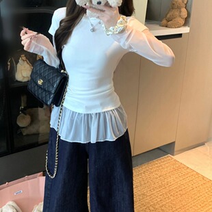 假两件网纱拼接长袖t恤女2026年春季新款辣妹纯欲风修身打底上衣