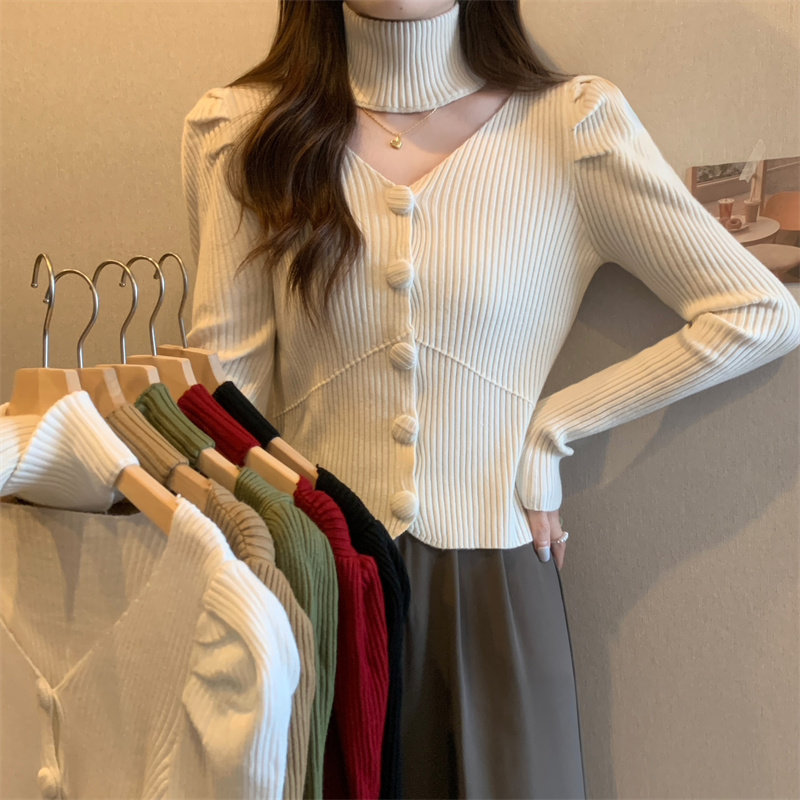 纯欲v领显瘦泡泡袖内搭针织衫挂脖上衣女春季新款气质红色毛衣潮