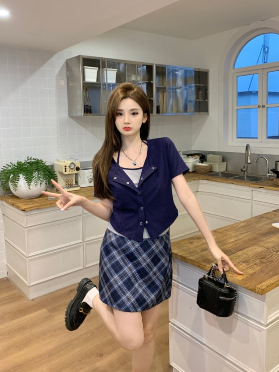 플러스 사이즈 여름 지방 M 니트 티셔츠 홀터넥 넥 홀터 탑 여성용 블루 트윌 체크 무늬 스커트 핫 걸 3 피스 슈트