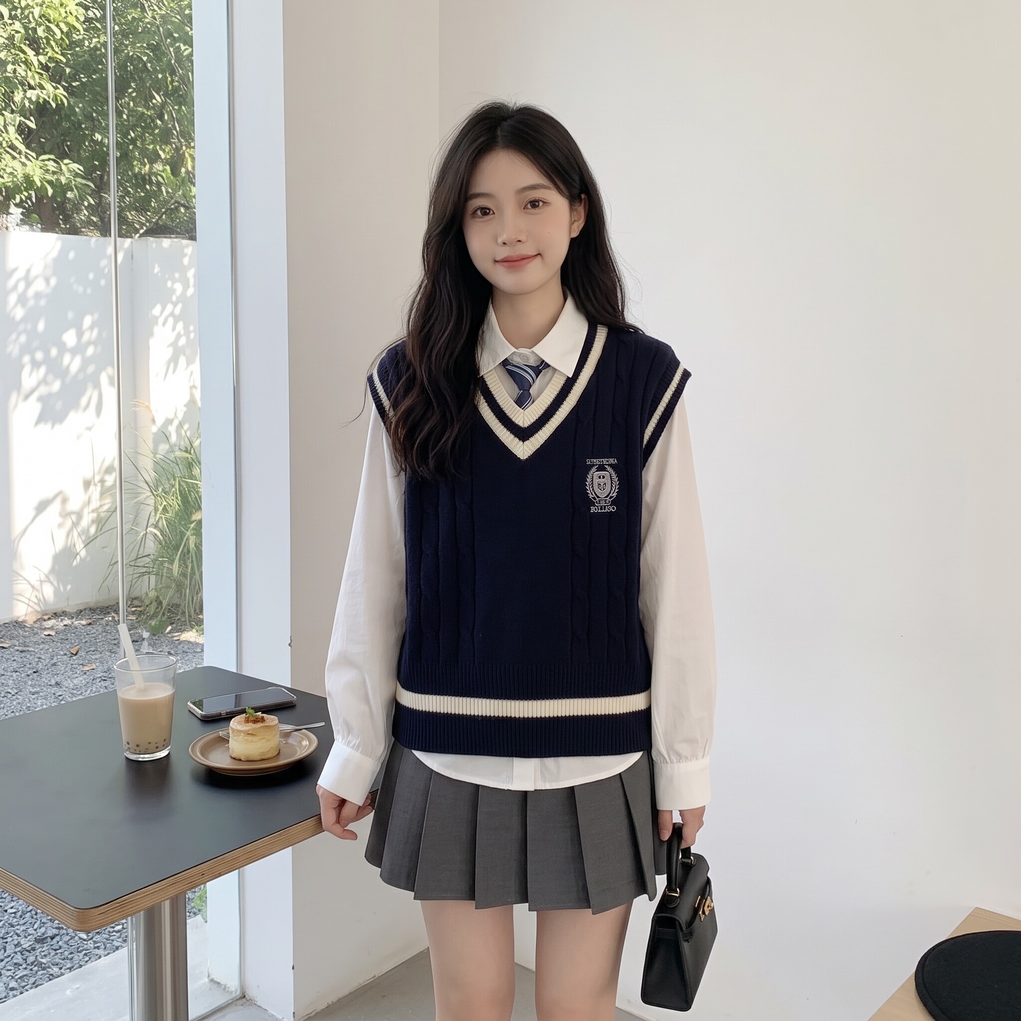 秋冬学院风V领针织马甲短裙套装