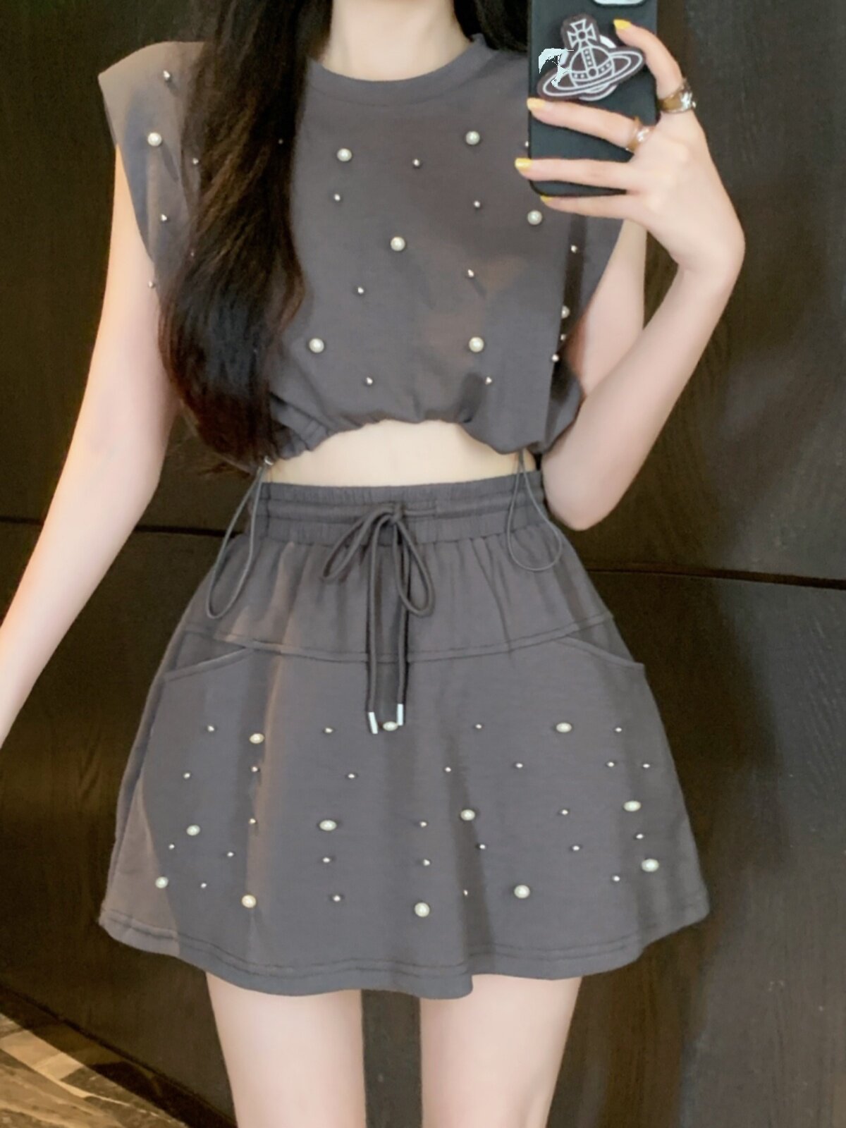 패셔너블한 스트리트 디자인 비즈 민소매 어깨 패드 티셔츠 탑 + 바지와 스커트 여성용 여름 캐주얼 및 다용도 투피스 슈트