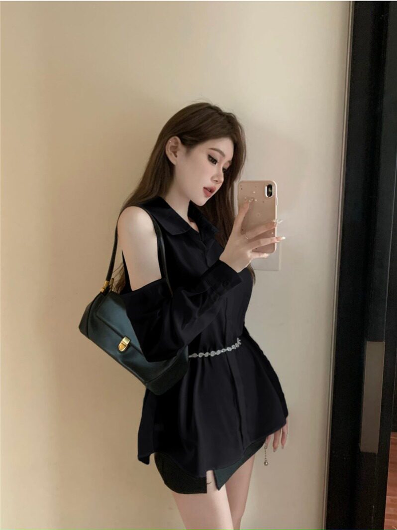 甜美露肩衬衫秋季设计感小众长袖女装收腰中长款衬衣宽松纯色百搭