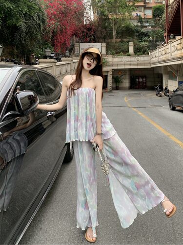 2026新款洋气休闲套装无袖抹胸背心女高腰阔腿裤宽松长裤子两件套