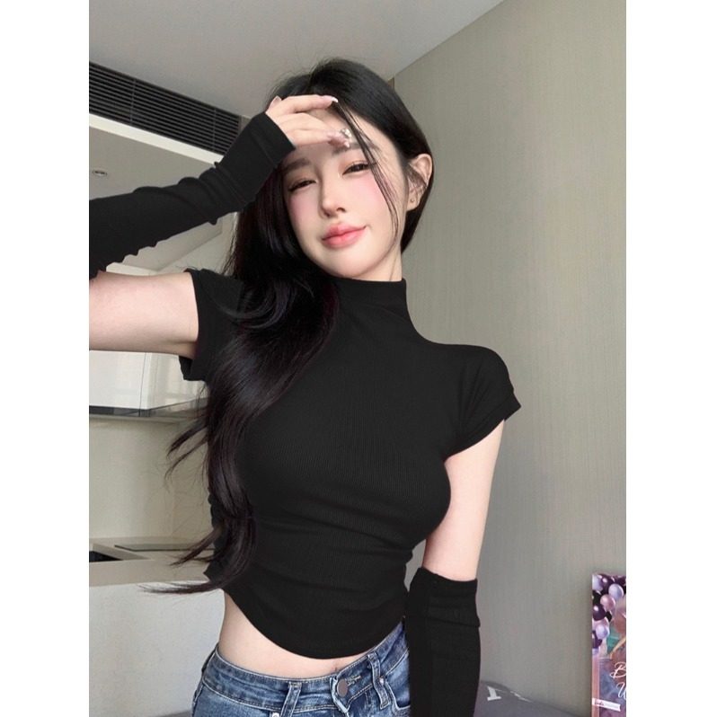 纯欲风辣妹小高领短款修身T恤女