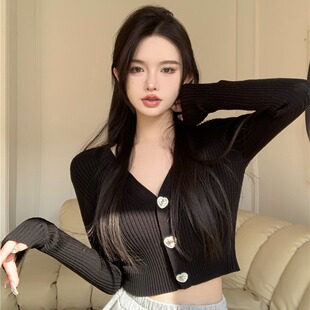 v领针织开衫春秋季新款修身甜美辣妹纯欲风性感露脐高腰短款上衣