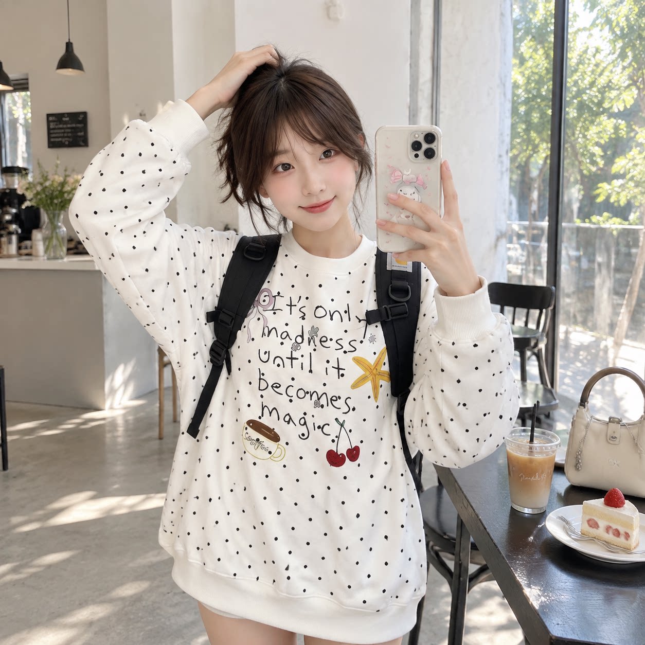 美式复古波点宽松无帽卫衣女春秋